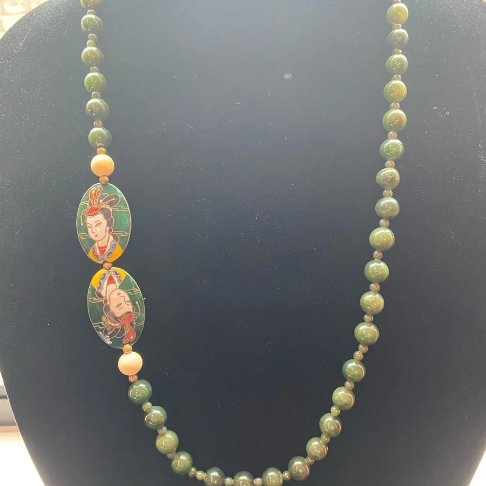 Exquisite Vintage Chinese Cloisonne, Grade A Jade with Silver Clasp Necklace